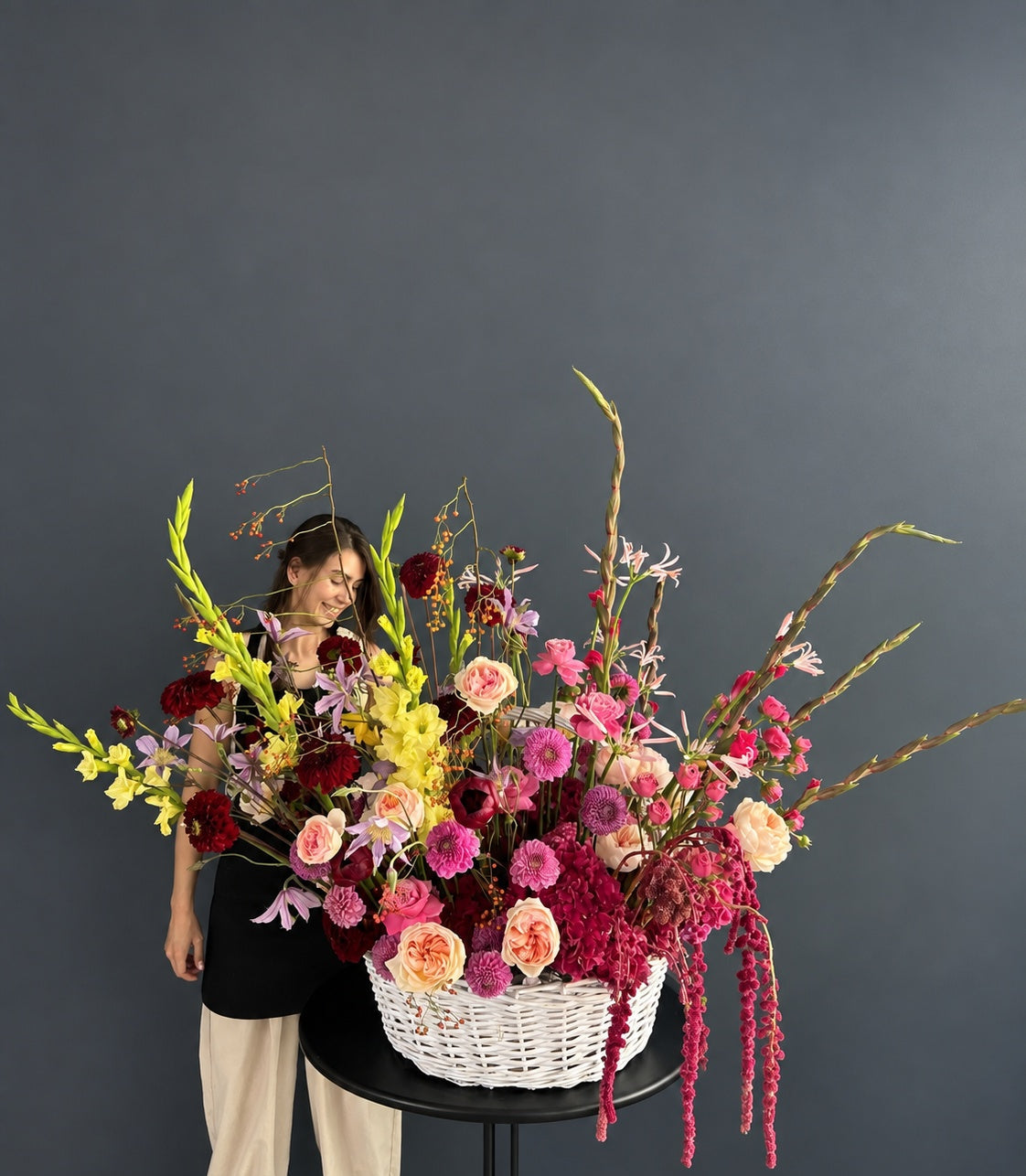 Extra-large Bohemian Garden Basket with roses, hydrangea, chrysanthemums, gladiolus and cascading amaranthus