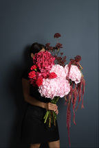 Burgundy Cascade large burgundy and pink bouquet with hydrangeas, carnations, and cascading amaranthus