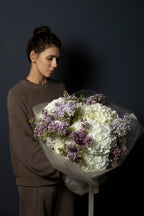 Large Lilac Snow bouquet with white hydrangeas and purple lilac