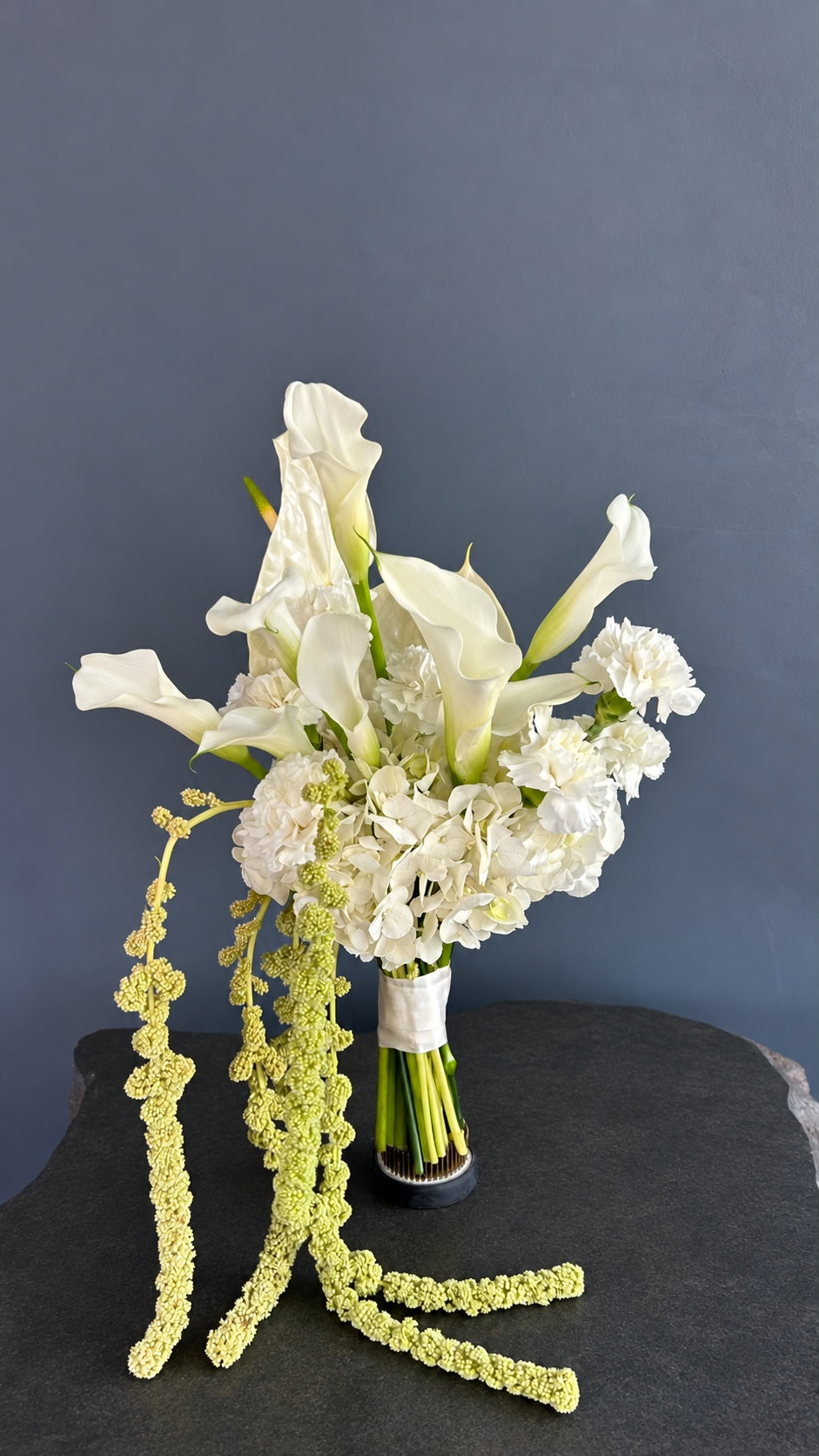 Silk & Ivory bridal bouquet with white calla lilies, hydrangea, carnations, anthurium and cascading amaranthus