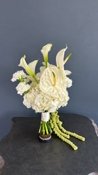Front view of Silk & Ivory white bridal bouquet with anthurium, calla lilies and hydrangea