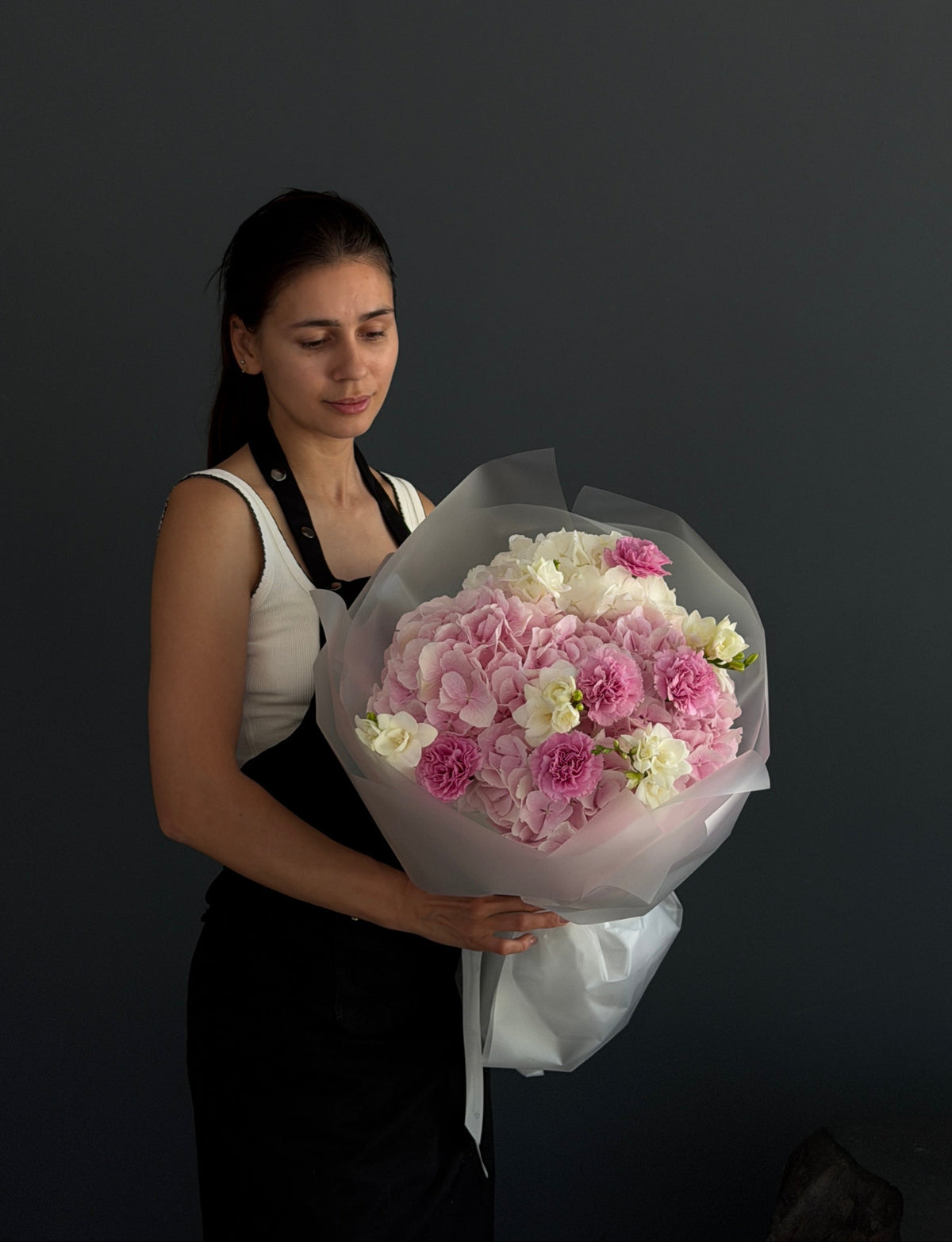 Soft Romance pastel bouquet with pink hydrangeas, carnations, freesias, and cream flowers