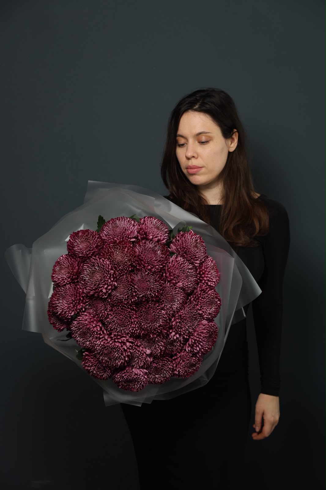Velvet Bigoudi chrysanthemum bouquet in wrapping with deep burgundy flowers